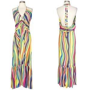 Eloquii | Colorful Striped Rainbow Strappy Cut Out Plus Size Halter Maxi Dress